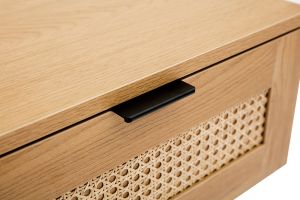 Comodino in legno chiaro, motivo a intreccio rattan e metallo nero MANILLE