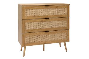 Commode finition bois clair, cannage en rotin et métal noir 3 tiroirs L100 cm MANILLE