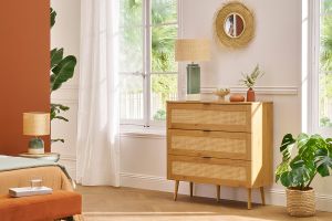 Commode finition bois clair, cannage en rotin et métal noir 3 tiroirs L100 cm MANILLE