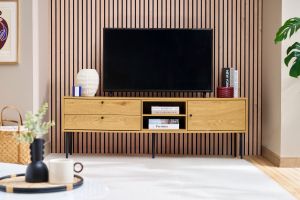 Meuble TV finition en bois clair chêne et métal noir L160 cm PERNELLE