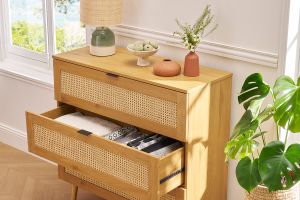 Commode finition bois clair, cannage en rotin et métal noir 3 tiroirs L100 cm MANILLE