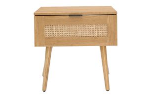 Table de chevet finition bois clair, cannage rotin et métal noir MANILLE