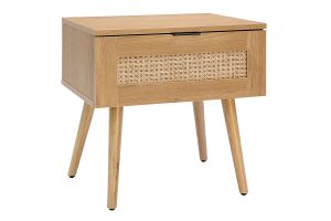 Table de chevet finition bois clair, cannage rotin et métal noir MANILLE
