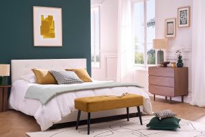 Banc design capitonné en tissu velours bronze et métal noir L96 cm GUESTA