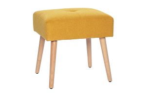 Tabouret bas en tissu effet velours texturé jaune moutarde et bois clair massif H46 cm GUESTA