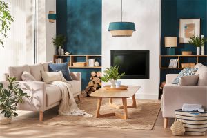 Canapé 3 places en tissu beige et bois clair MUNIK