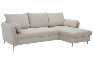 Canapé d'angle convertible réversible avec coffre 3-4 places en tissu beige et bois clair DRISS