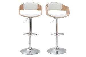 Tabourets de bar design réglables en polyuréthane blanc et bois clair (lot de 2) EUSTACHE