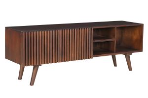 Meuble TV en manguier massif teinté bois foncé avec portes coulissantes L140 cm ALBA