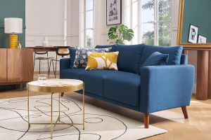 Canapé 3 places en tissu bleu foncé et bois foncé MUNIK