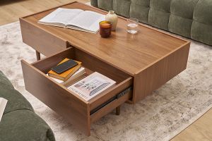 Table basse rectangulaire avec rangements 2 tiroirs finition bois foncé noyer L120 cm SANAA