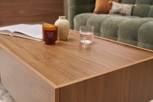 Table basse rectangulaire avec rangements 2 tiroirs finition bois foncé noyer L120 cm SANAA