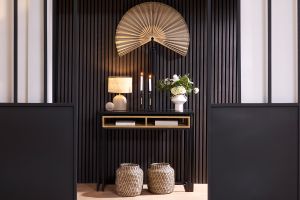 Console bureau d'appoint avec rangements casiers en bois manguier massif et métal noir L100 cm YPKA