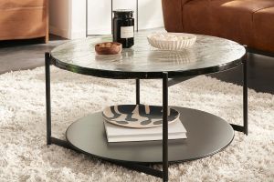 Table basse ronde avec double plateau en verre recyclé et métal noir D85 cm WELLE