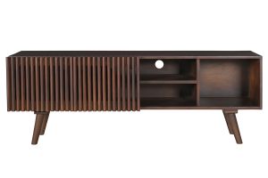 Meuble TV en manguier massif teinté bois foncé avec portes coulissantes L140 cm ALBA