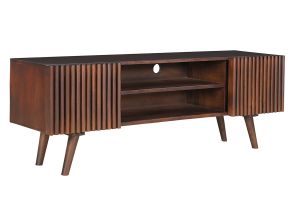 Meuble TV en manguier massif teinté bois foncé avec portes coulissantes L140 cm ALBA