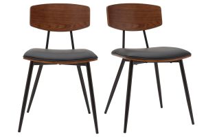 Chaises vintage en bois foncé noyer assises noires et métal noir (lot de 2) JOLINE