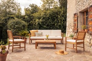 Canapé de jardin 3 places en bois massif et coussins déhoussables beige naturel L190 cm AKIS