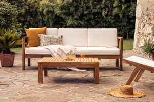 Canapé de jardin 3 places en bois massif et coussins déhoussables beige naturel L190 cm AKIS