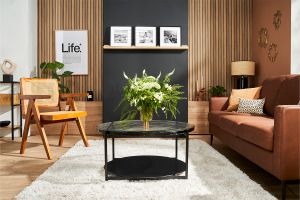 Table basse ronde avec double plateau en verre recyclé et métal noir D85 cm WELLE