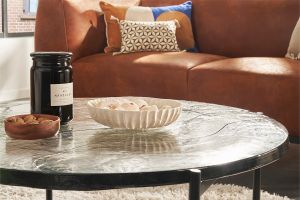 Table basse ronde avec double plateau en verre recyclé et métal noir D85 cm WELLE