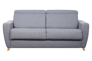 Canapé convertible avec têtières ajustables 3 places en tissu gris et bois clair et matelas 18 cm GOYA