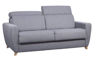 Canapé convertible avec têtières ajustables 3 places en tissu gris et bois clair et matelas 18 cm GOYA