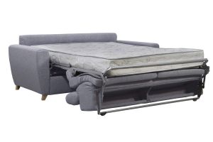 Canapé convertible avec têtières ajustables 3 places en tissu gris et bois clair et matelas 18 cm GOYA