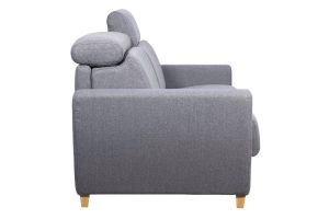 Canapé convertible avec têtières ajustables 3 places en tissu gris et bois clair et matelas 18 cm GOYA
