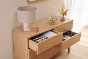 Commode en bois clair chêne 6 tiroirs L120 cm FREDDY