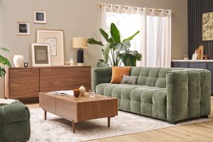 Table basse rectangulaire avec rangements 2 tiroirs finition bois foncé noyer L120 cm SANAA