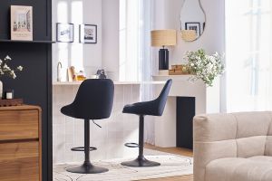 Design-Barhocker aus petrolblauem Samtstoff und schwarzem Metall 360° drehbar (2er-Set) HOLO