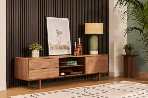 Meuble TV en bois foncé noyer 1 porte 2 tiroirs L180 cm SUVA