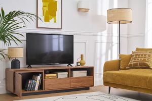Meuble TV vintage en bois foncé noyer et métal noir L160 cm JAKO