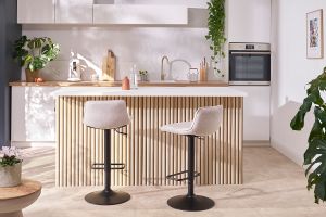 Tabourets de bar réglables pivotants 360° en tissu effet velours texturé beige et métal noir (lot de 2) BOOST