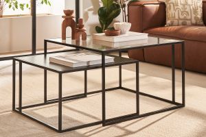 Tables basses gigognes carrées design verre trempé et métal noir (lot de 2) TAHL