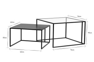 Tables basses gigognes carrées design verre trempé et métal noir (lot de 2) TAHL