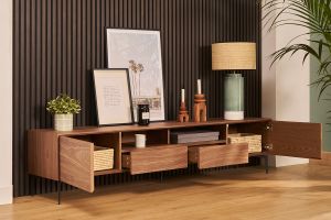 Meuble TV design bois foncé noyer et métal noir 2 portes 2 tiroirs L200 cm BLISS