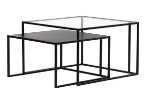 Tables basses gigognes carrées design verre trempé et métal noir (lot de 2) TAHL