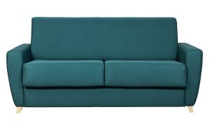 Canapé convertible 3 places en tissu bleu canard et bois clair avec matelas 18 cm GRAHAM