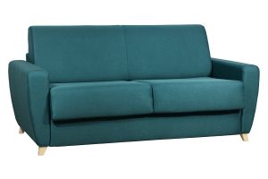 Canapé convertible 3 places en tissu bleu canard et bois clair avec matelas 18 cm GRAHAM