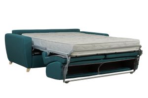Canapé convertible 3 places en tissu bleu canard et bois clair avec matelas 18 cm GRAHAM