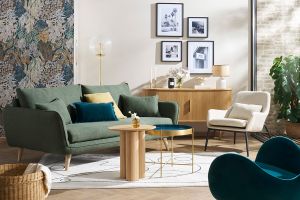 Canapé scandinave 3 places en tissu vert kaki et bois clair CREEP
