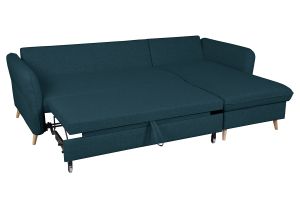 Canapé d'angle convertible réversible avec coffre 3-4 places en tissu bleu océan et bois clair DRISS