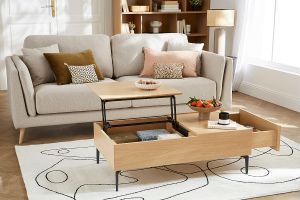 Table basse relevable rectangulaire bois clair finition chêne et métal noir L103 cm SEDA