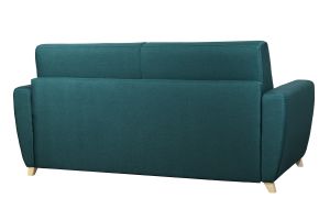 Canapé convertible 3 places en tissu bleu canard et bois clair avec matelas 18 cm GRAHAM