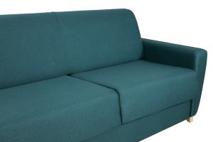 Canapé convertible 3 places en tissu bleu canard et bois clair avec matelas 18 cm GRAHAM