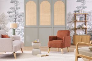 Fauteuil scandinave en tissu effet velours texturé terre brûlée et bois clair ISKO