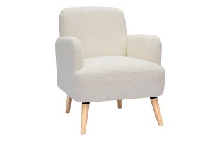 Fauteuil scandinave en tissu effet laine bouclée blanc cassé et bois clair ISKO