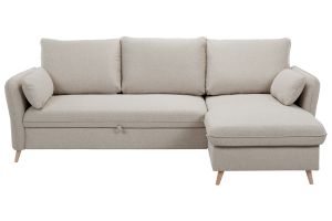 Canapé d'angle convertible réversible avec coffre 3-4 places en tissu beige et bois clair DRISS